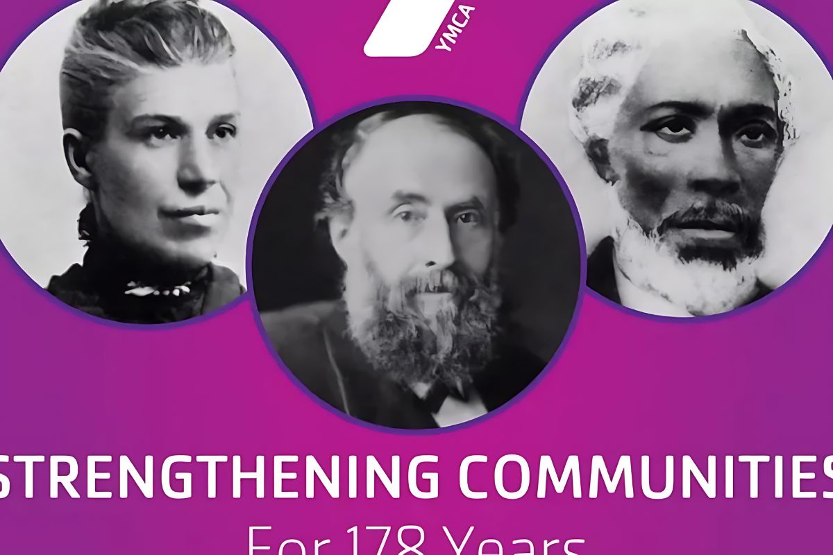 A YMCA graphic featuring historical portraits of three individuals with the text "Strengthening Communities for 178 Years" on a purple background.