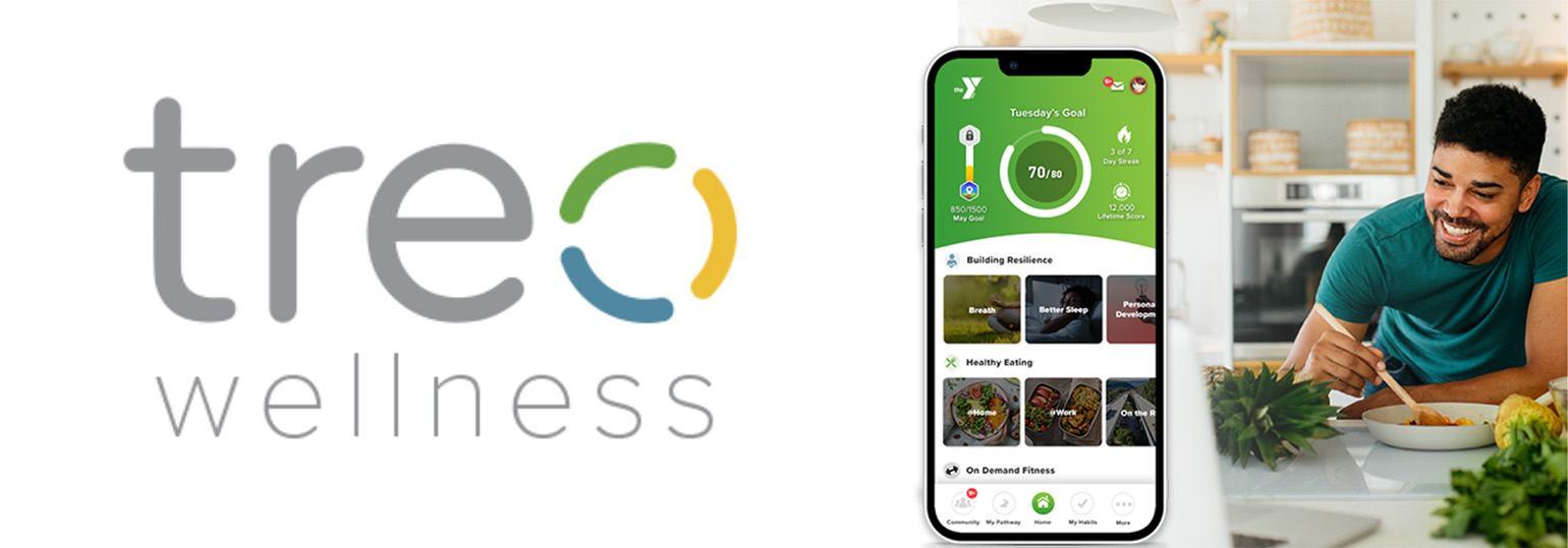 Treo Wellness logo next to a smartphone displaying the YMCA health app with goals and wellness features, alongside a man smiling while eating a healthy meal in a kitchen.