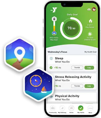 Smartphone displaying the YMCA health app with daily goal tracking and activity logs, alongside two digital badge icons for achievements.