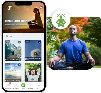 YMCA app screen showcasing "Relax and Restore" breathing exercises alongside a man meditating outdoors in a serene park setting.